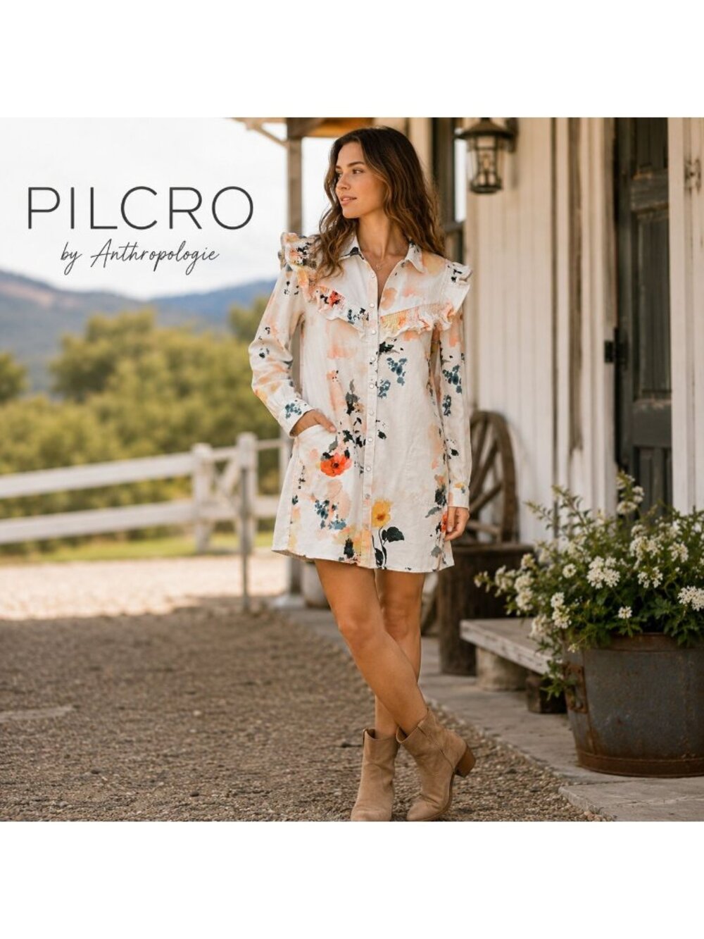 Pilcro Anthropologie Ruffle Denim Mini Shirt Dress S Watercolor Floral Western